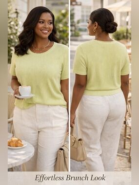 Sag Harbor Women Plus Size 3X Lime Green Ribbed Knit Short Sleeve Top Stretch NW